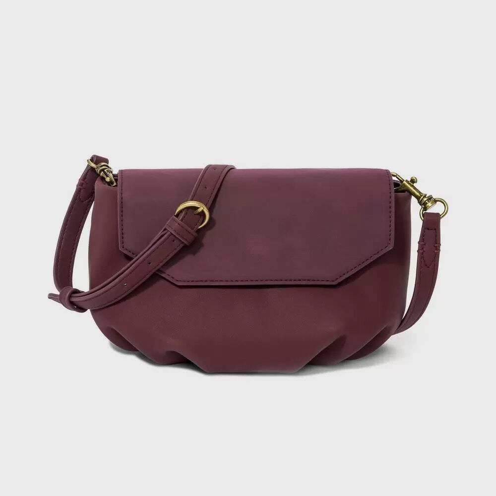 Pleated Crossbody Bag Universal Thread Burgundy Red Snap Closure Faux Leather